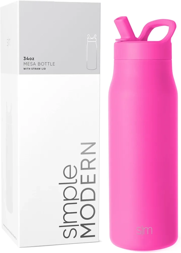 Simple Modern Water Bottle with Straw lid | Insulated Stainless Steel Thermos | Reusable Travel Water Bottles for Gym & Sports | Leak Proof & BPA Free | Mesa Collection | 34oz, Raspberry Vibes