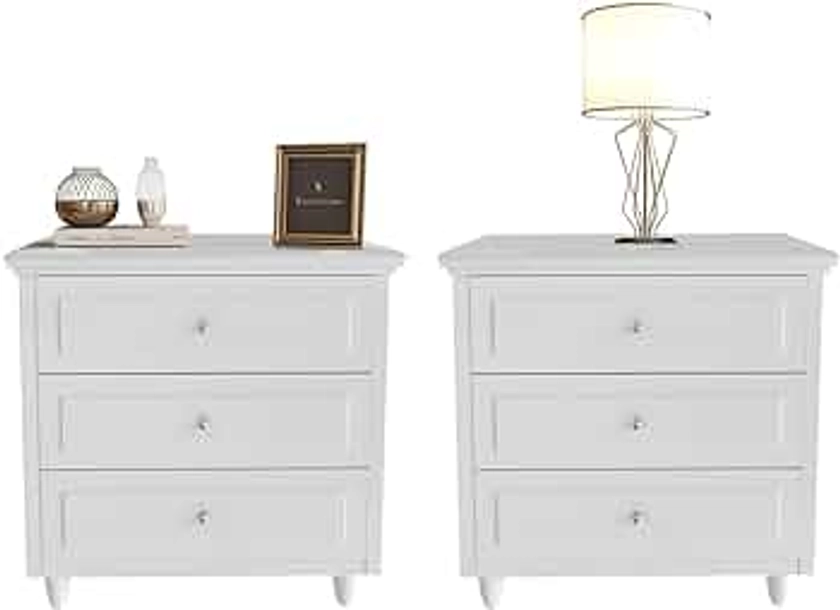 Lamerge Nightstand Set of 2,White Nightstand with 3 Drawers,Sofa Side Table/End Table,Wooden Legs,Storage Cabinet for Bedroom, Living Room, 15.75" D x 21.65" W x 23.6" H,2Piece