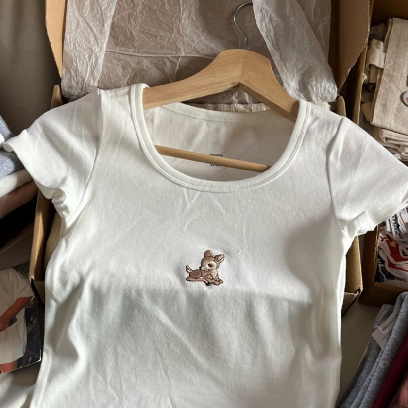 T-Shirt à Manches Courtes en Coton Brodé de Cerf pour Femme, Haut Large et Étroit, Style Vintage des Années 2000, Y2K, Été, Y-2024