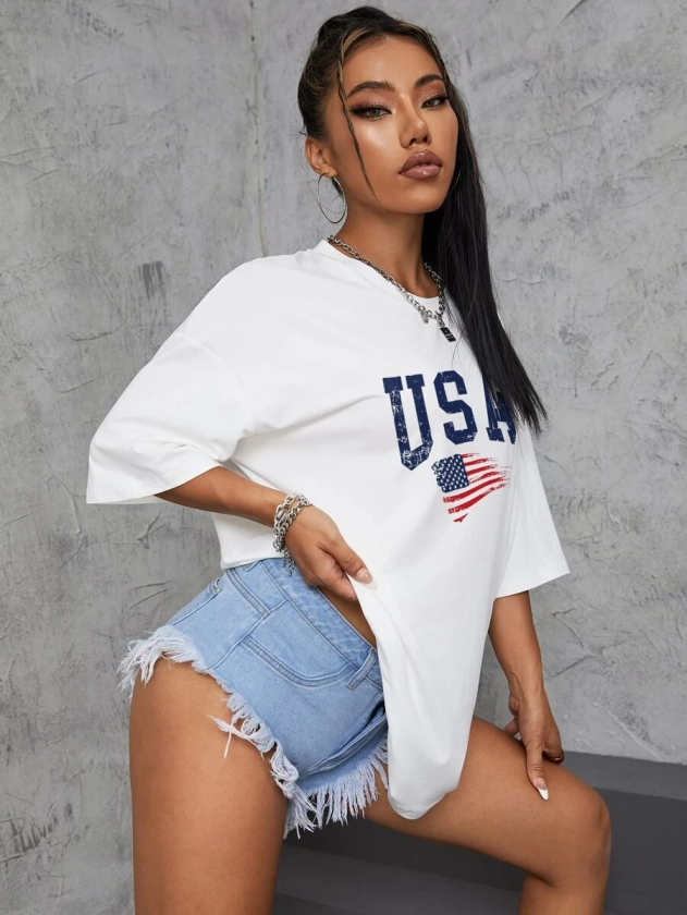 American Flag And Letter Graphic Drop Shoulder Tee