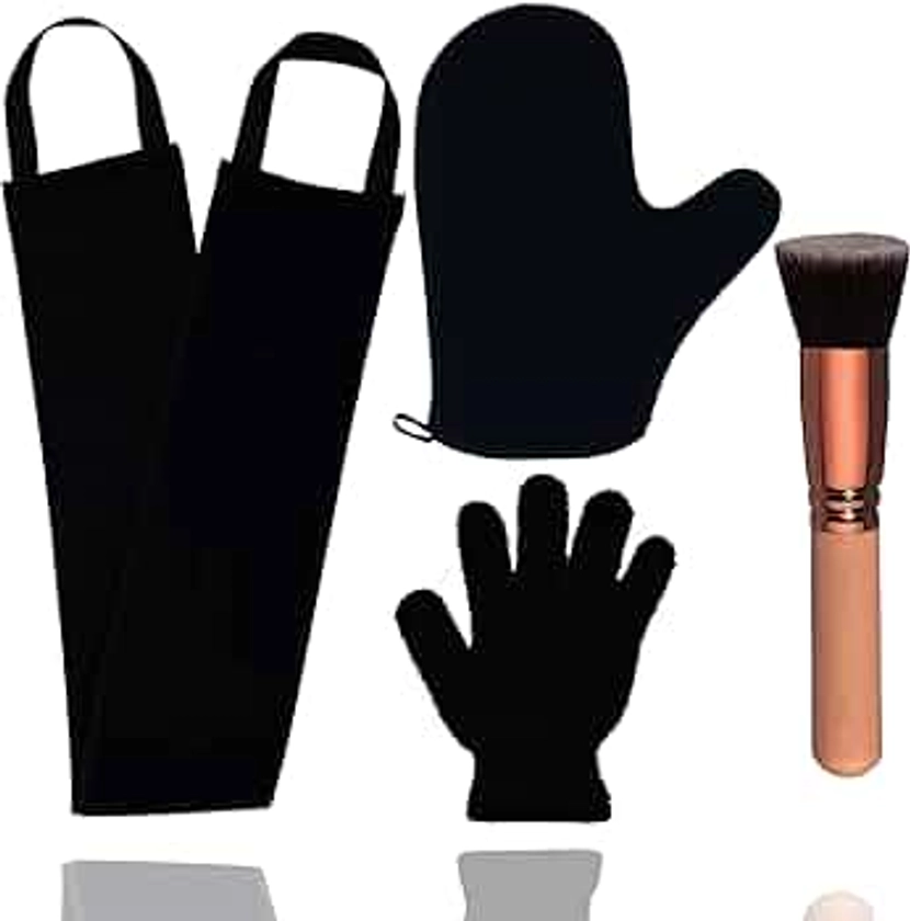 4 Pack Self Tanning Mitt Applicator Kit, with Self Tanner Mitt, Self Tan Back Applicator, Exfoliating Glove, Flat Top Face Tanner Brush, Tan mit for Self Sunless Tanner (black)