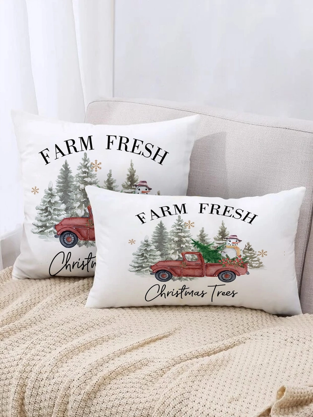 1pc Christmas Car & Tree Print Cushion Cover Without Filler