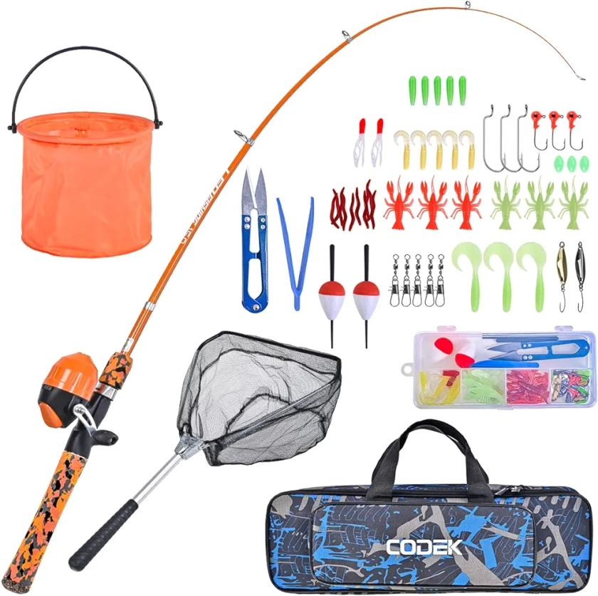 Amazon.com : CODEK Kids Fishing Pole Set with Full Starter Kits 2 Set Portable Telescopic Fishing Rod and Spincast Reel Cambos with a Fishing Net and 2 Buckets for Boys Girls and Youth (Orange) : Sports & Outdoors