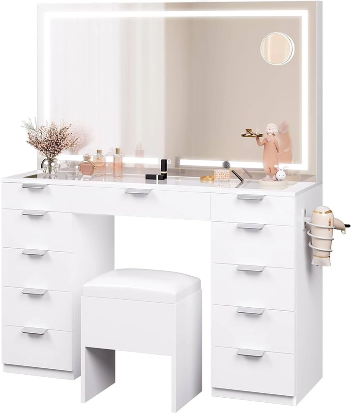 YITAHOME Dressing Table & stool set,Vanity Desk w/ 3-Color LED Lights Mirror,Lights Brightness Adjustable,Transparent Glass Top Vanity Table with 11 Drawers,Power Outlet,Whtie Makeup Desk for Bedroom