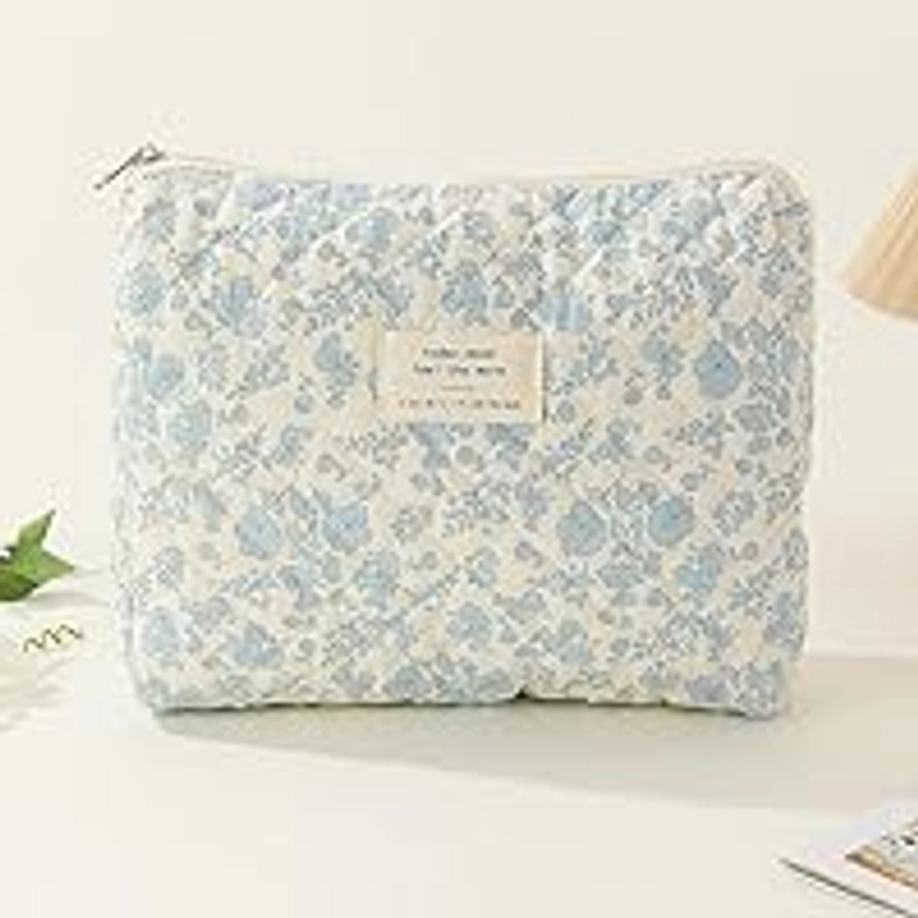 CHAMAIR Quilted Floral Makeup Bag - Coquette Skincare Bag Aesthetic Cosmetic Bag Cotton Toiletry Bag Large Capacity Travel Make Up Bag for Women Ladies Girls (Style C1)