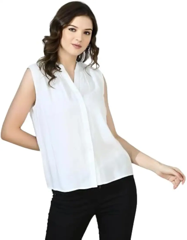 Buy Vastrayalaya venture Women Sleeveless Casual Shirt | Regular Fit Solid Shirt for Women | Stylish Top Western Shirt | Official Shirt for Women Formal | Regular fit Comfort Shirt for Women| White | L at Amazon.in