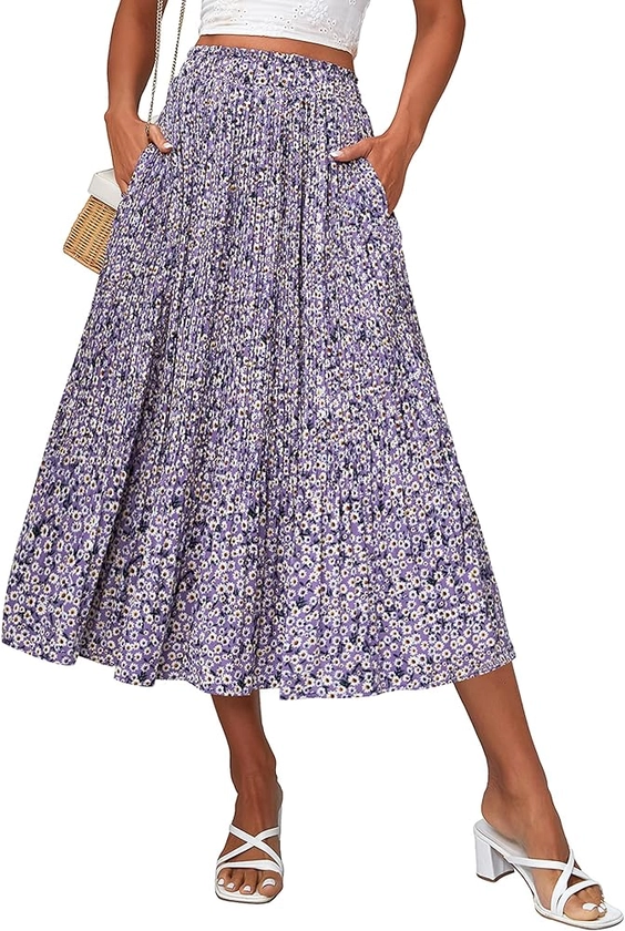 Zeagoo Women's Midi Skirts Elastic High Waist Skirt Polka Dot Casual Pleated Skirt with Pockets