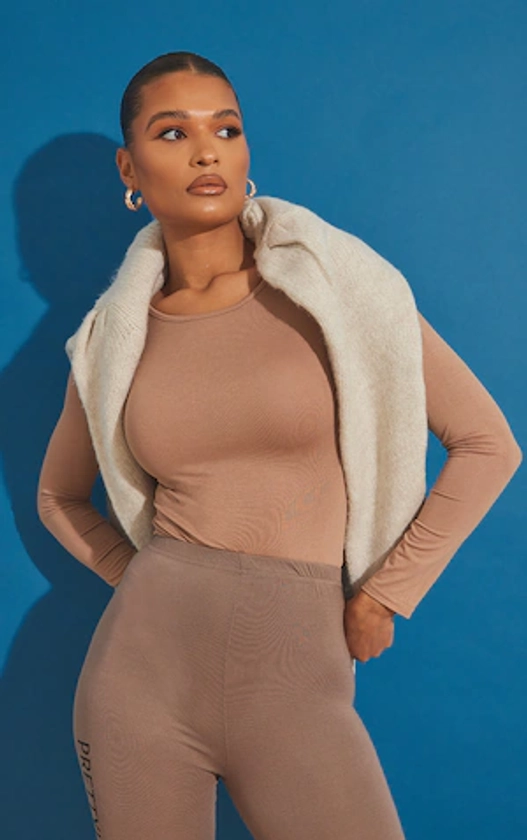 Camel Basic Crew Neck Long Sleeve Bodysuit