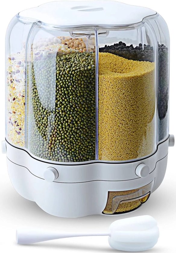 Amazon.com: WOWFUNNY Grain Dispenser, 11 Qt Rotating Storage Container, 6-Compartment Dry Food Dispenser with Measuring Cup for Kitchen Small Grains, Beans, Rice (11Qt): Home & Kitchen