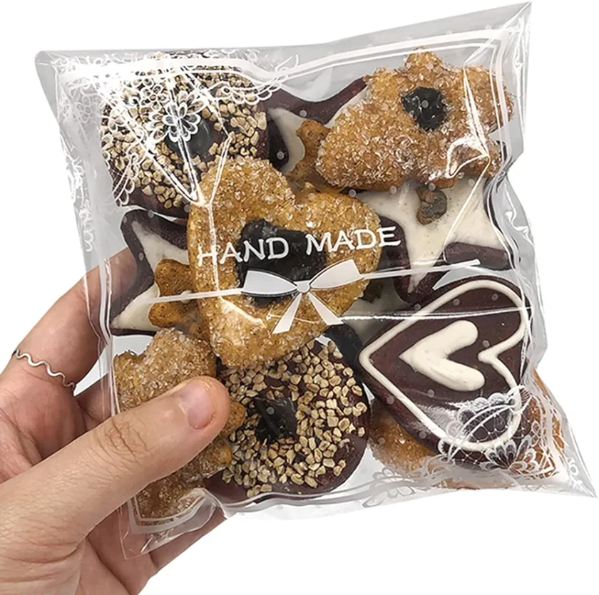 200pcs Lovely Lace Bowknot Clear Self Adhesive Treat Bag Cellophane Bag Cookie Bag, Party Favor Bag for Bakery, Candy, Cookie A