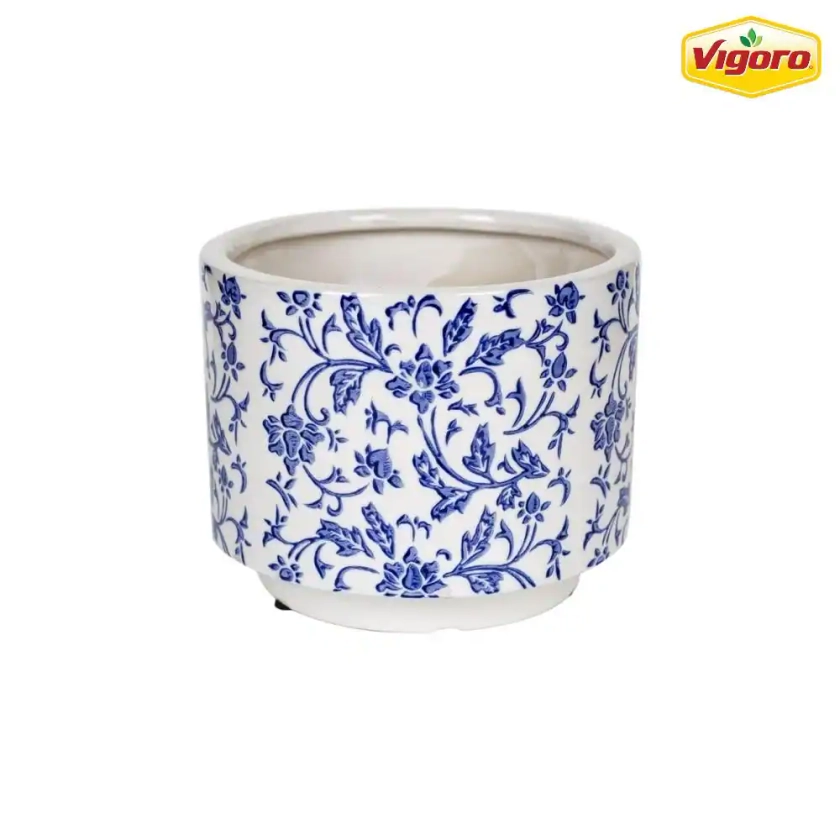 Vigoro 6 in. Ophelia Small Blue and White Porcelain Pot (6 in. D x 4.9 in. H) 527403 - The Home Depot