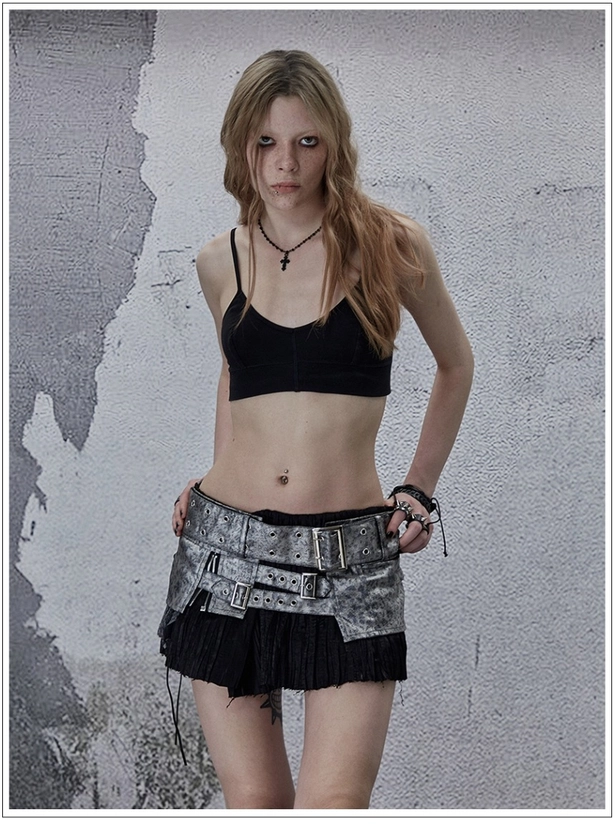 FULLTIDE Layered pleated silver strap punk skirt - shop.cor