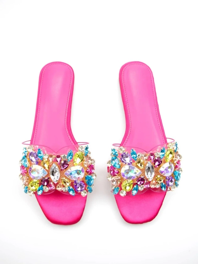 Women Jewelled Decor Clear Strap Slide Sandals, Glamorous Jelly Flat Sandals