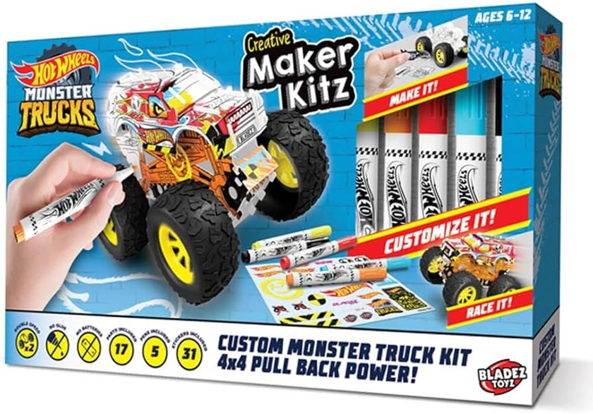 Hot Wheels by Bladez Toyz Make Your Own Monster Truck - Art Set For Kids 6-12 with Markers & Stunt Ramp - Hotwheels Kit for Play - Kids Colouring Sets & STEM Learning - Customizable & Eco-Friendly