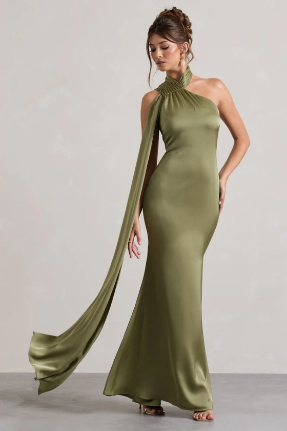 Sancia | Olive Satin Asymmetric Maxi Dress With Sash