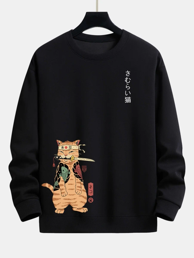 Japanese Cat Print Relax Fit Sweatshirt-HOOOYI