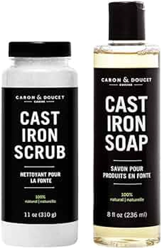 Caron Doucet - Cast Iron Cleaning Bundle - Cast Iron Soap & Cast Iron Scrub - 100% Plant Based Formulation - Removes Rust, Food Debris and Baked on Food While Seasoning The Cast Iron.
