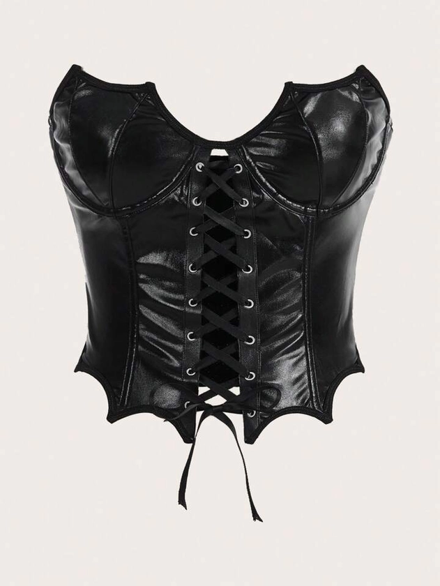 Goth Lace Up Front PU Tube Top