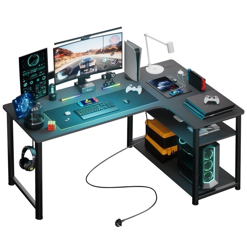 GTPLAYER Schreibtisch Gaming Tisch Eckschreibtisch mit Regal USB-Ladeanschluss und Steckdose (1 Tisch), 120cm Computertisch L Form, PC Tisch für Büro, Heimbüro