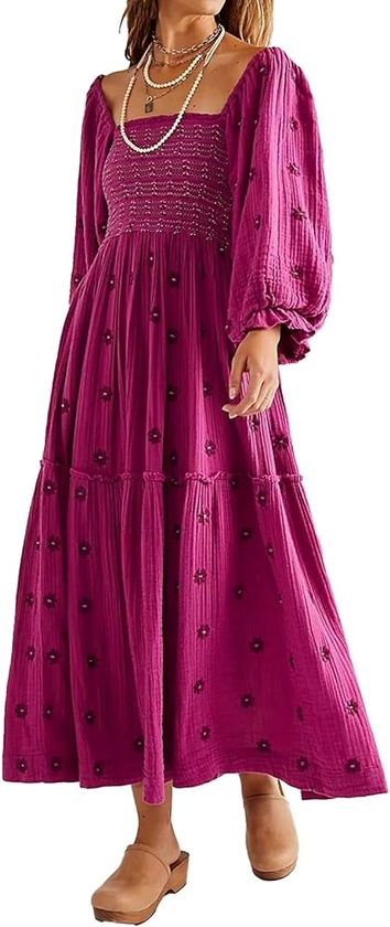 Women Floral Embroidered Maxi Dress Long Puff Sleeve Square Neck Bohemian Flowy Dress with Pockets Smocked Fall Dress