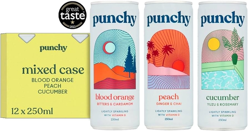 Punchy Drinks - Mixed case of Blood Orange, Cucumber & Peach - Premium Soft Drink, Mixer, Sparkling Waters, Vitamin D, All Natural, Low Calorie, Non Alcoholic - 12 x 250ml