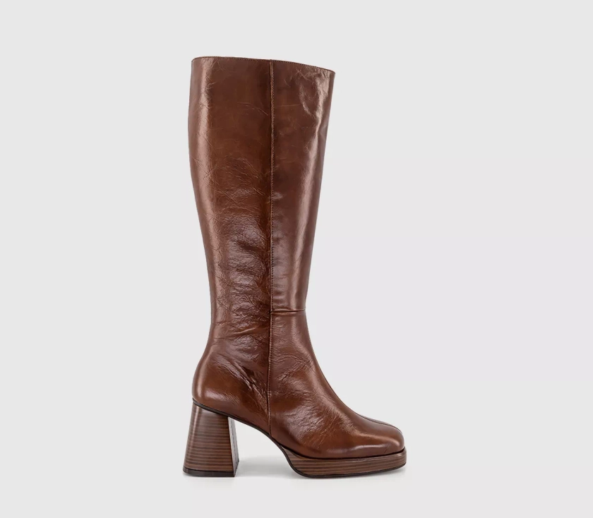 OFFICE Klara Platform Heeled Knee Boots Choc Brown Leather - Knee High Boots