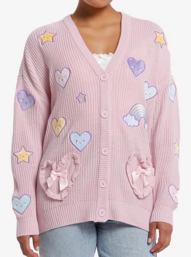 Sweet Society Rainbow Hearts & Star Patch Pastel Pink Girls Cardigan | Hot Topic