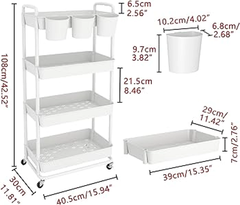 JIUYOTREE Chariot de Rangement à 4 Niveaux, roulettes en Plastique verrouillables, poignées, gobelets Suspendus supplémentaires, pour Salon, Salle de Bain, Salle de Bain, Cuisine, Bureau, Blanc