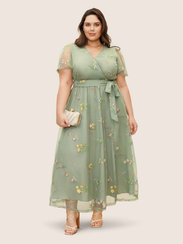 Overlap Collar Mesh Floral Embroidered Dress