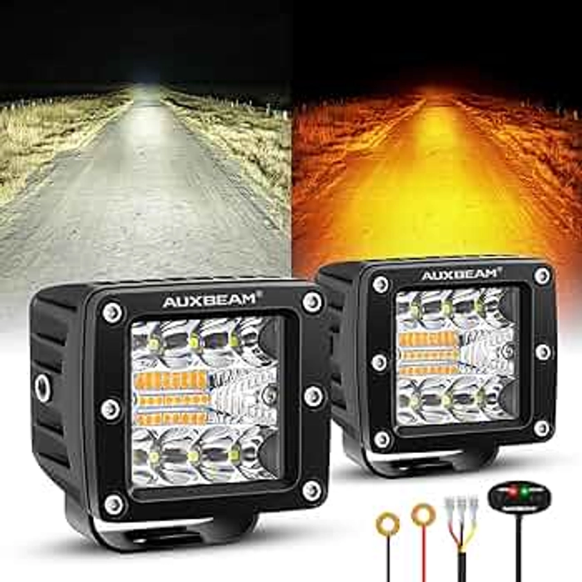 Auxbeam 3Inch 72W Dual Color Amber White LED Cube Lights 6 Modes Flashing Strobe Light Bar Spot Flood Combo Offroad LED Pods Amber Fog Lights for Trucks UTV ATV Jeep Car