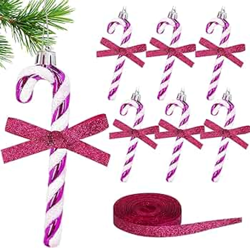 Shining She 6PCS Candy Cane Christmas Tree Decorations, 14CM Christmas Glitter Candy Cane with Red Ribbon, Red and White Plastic Candy Cane for Xmas Party Decoration, Xmas Tree Ornaments Decor