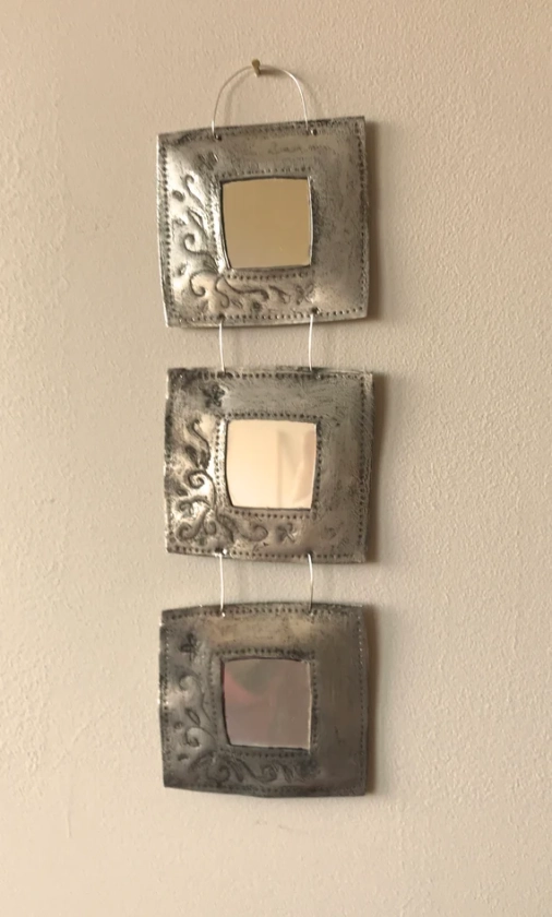 Small triple mirror, made from recycled metal and vintage book pages (- please read the full description!)