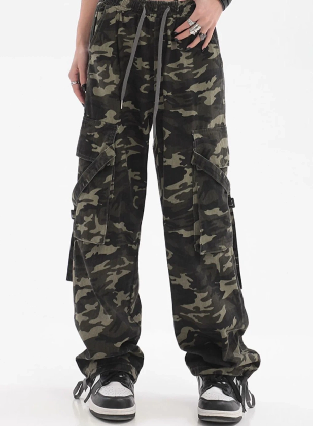 Hilary Vintage Hip Hop Army Green Camouflage High Waist Cargo Pants