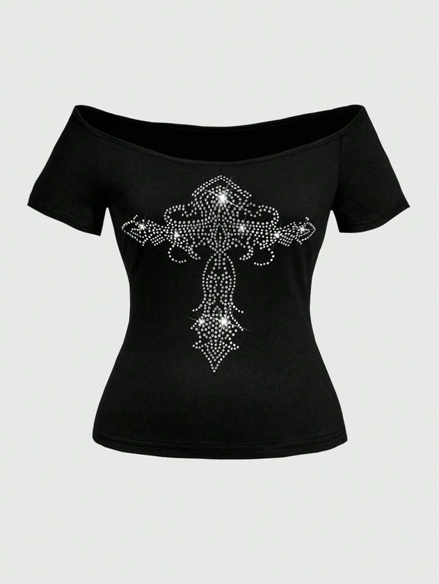 ROMWE Goth Cross Rhinestone Embellished Short Sleeve T-Shirt With Wide Neckline