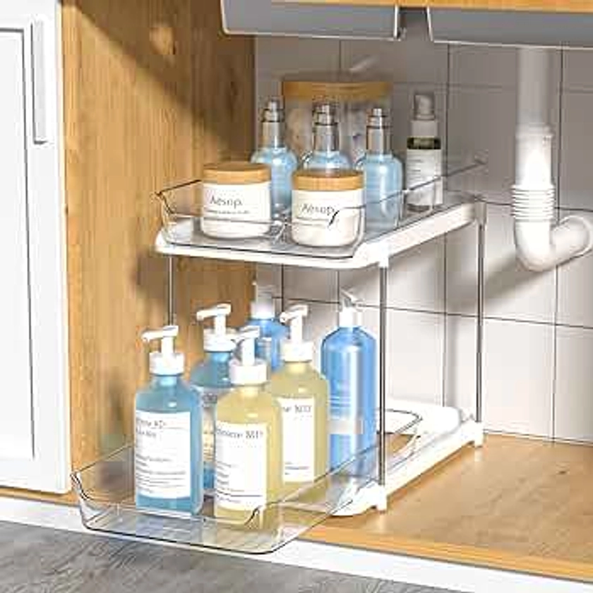 Delamu 2-Tier Multi-Purpose Bathroom Cabinet Organizer, Pull Out Under Sink Organizers and Storage, Stackable Pantry Organization and Storage, Clear Under Cabinet Storage with Movable Dividers