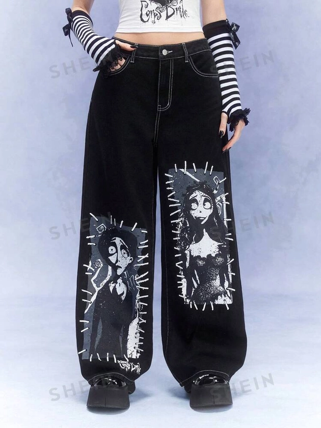 Corpse Bride | ROMWE Women Cartoon Print Contrast Stitch Wide Leg Jeans Without Belt, School