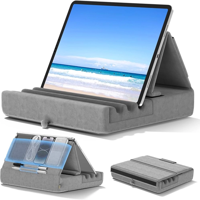 KDD Coussin de Support pour Tablette, Support Ipad Pliable pour Lit, Genoux, Bureau - Oreiller Repose Tablette avec Pochette & Support de Stylet pour Ipad Pro 12.9 10.5 9.7 Air Mini 6 5 4, Gris