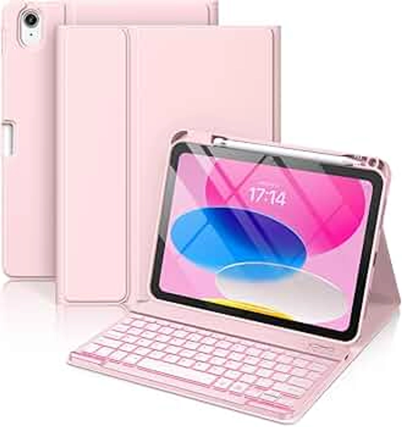 Hamile for iPad 10th Generation Case with Keyboard 10.9 Inch - 7 Colors Backlit Detachable Folio Wireless Keyboard Cover with Pencil Holder for New iPad 10th Gen 2022 (Light Pink)