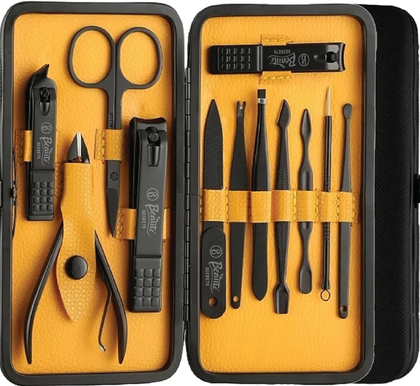 Beauté Secrets Essentials Manicure Set Nail Clippers, Stainless Steel Nail Scissors Grooming Kit, Acne needle, Blackhead Tool Leather Travel Case (Yellow) : Amazon.in: Beauty