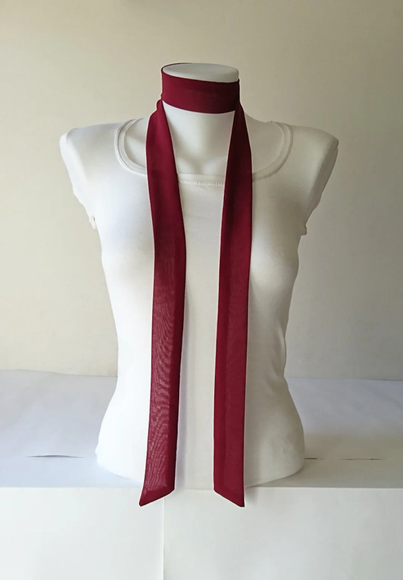 Burgundy Skinny Scarf, 63x1.5, Womens Neck Tie, Long Thin Scarf With Angled Ends, Crepe Chiffon Bow Tie, Narrow Scarf, Choker, for Her - Etsy UK