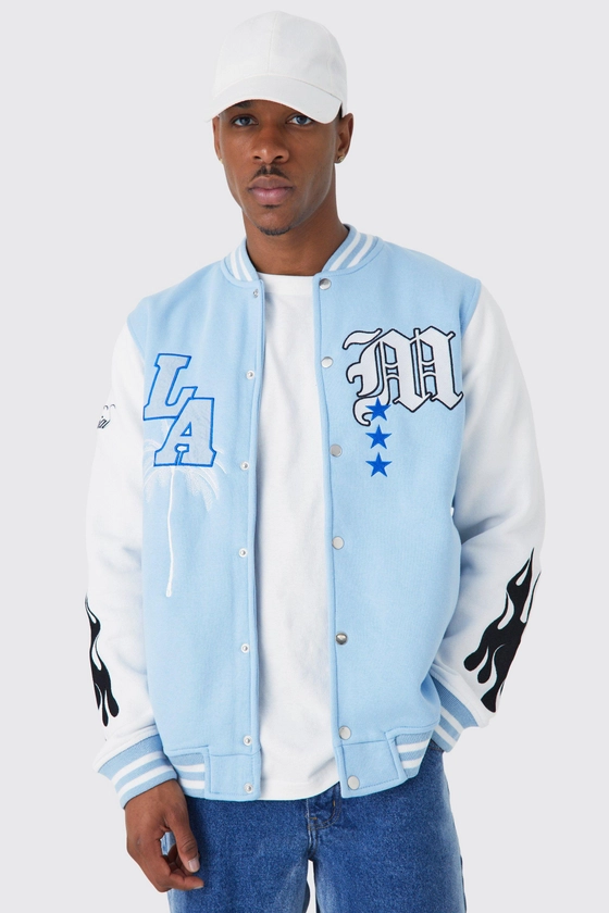 La Badge Jersey Varsity Bomber Jacket | boohooMAN USA