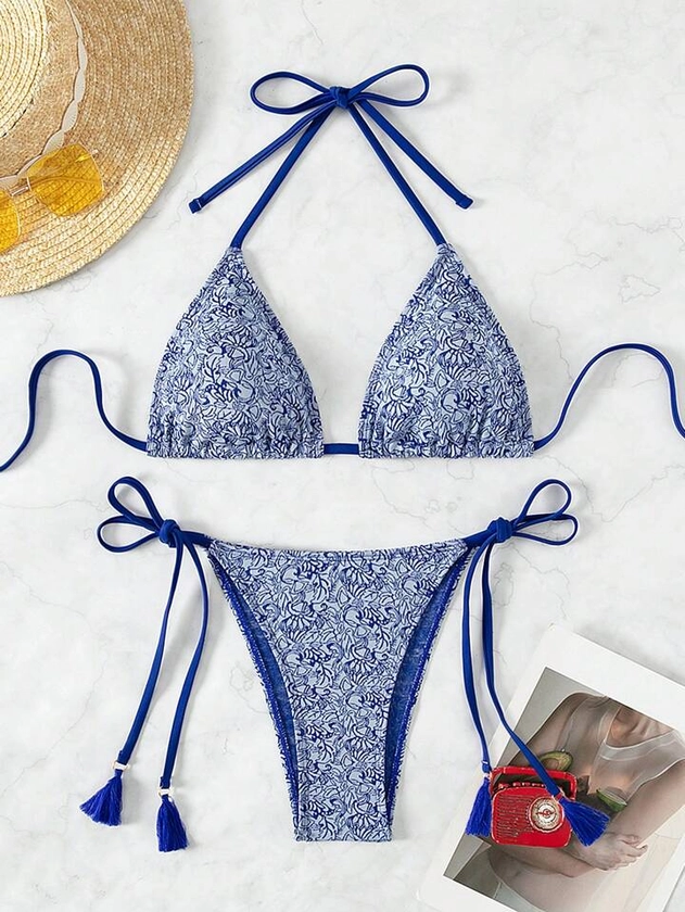 SHEIN Swim Vcay Bikini Triangulaire Ras-Du-Cou Imprimé Floral | Mode en ligne | SHEIN FRANCE