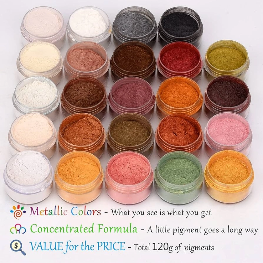 Metallic Pigment Powder - 24 Colour Epoxy Resin Pigment Fine Powder for Resin Artwork, Painting - Shimmer Metal Colour Dye Mica Powder for Slime, Soap Making, Polymer Clay and DIY Crafts - 5g Each : Amazon.co.uk: Home & Kitchen
