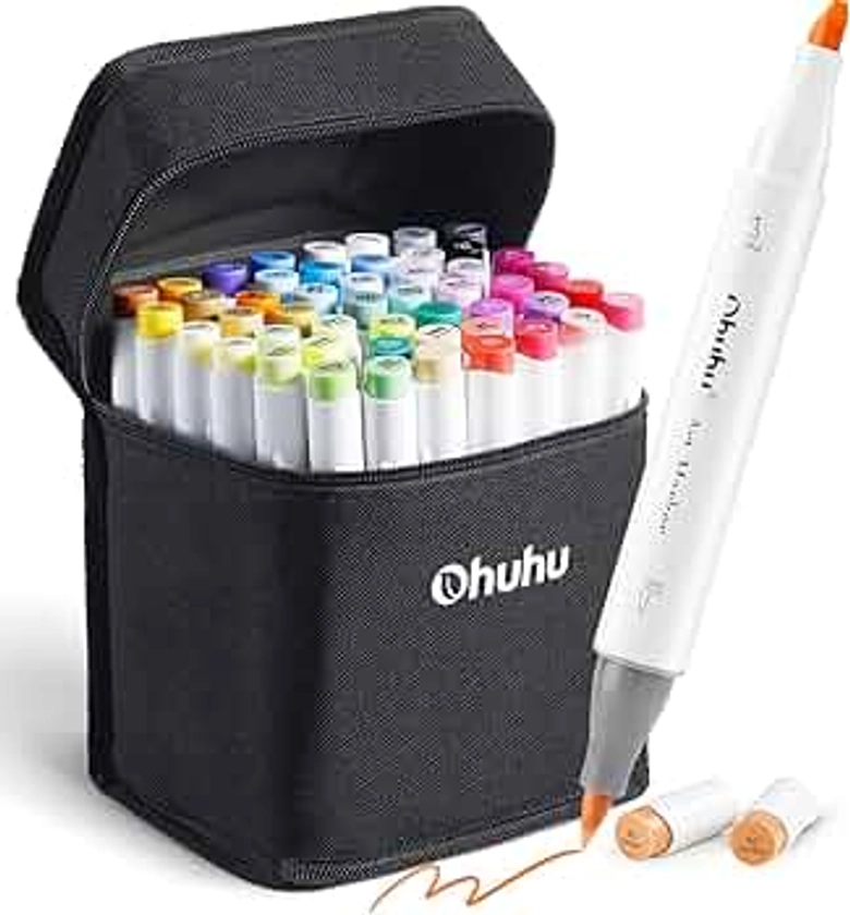 Ohuhu Alcohol Markers Brush Tip: 48-Color Double Tipped Art Marker Set for Artist Adults Coloring Illustrations -Honolulu -Brush & Chisel -Refillable