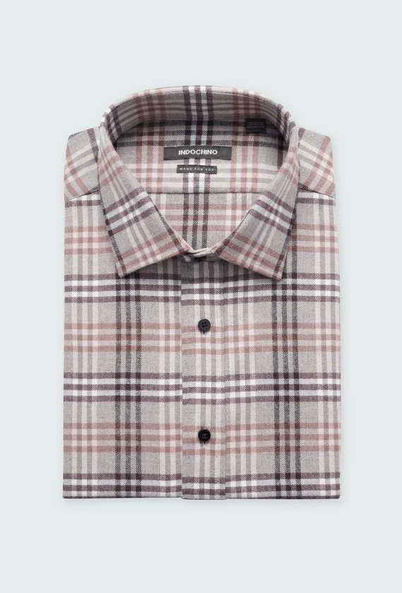 Men's Dress Shirts - Netham Brushed Plaid Brown Shirt | INDOCHINO