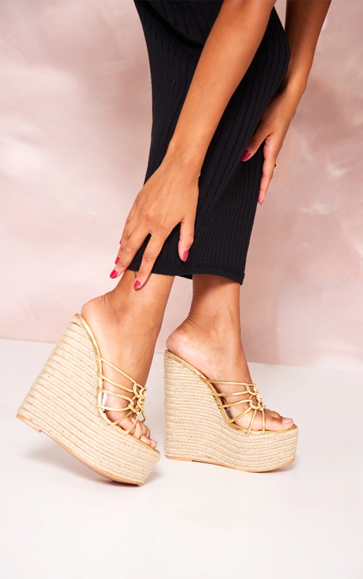 Gold Knotted Twists High Heeled Espadrille Wedges