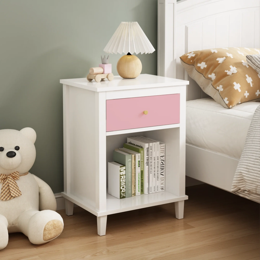26.77'' H Wooden Nightstand with One Drawer and Shelf - Sturdy and Colorful Bedside Table for Kids and Adults, Pink
