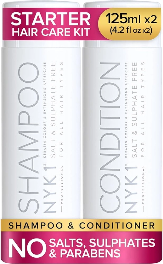 NYK1 Sulphate Free Hair Shampoo And Conditioner (Starter Set - 125ml x2) Sulfate Free Shampoo And Conditioner Sets For Extensions, Colour And Keratin Treatment - Sulphate Free Shampoo And Conditioner