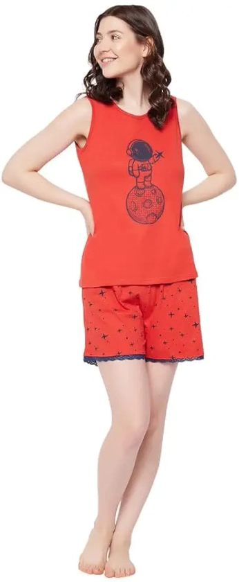 Buy Clovia Women's Cotton Printed Top & Shorts Set (LS0462A04_Red_L) at Amazon.in