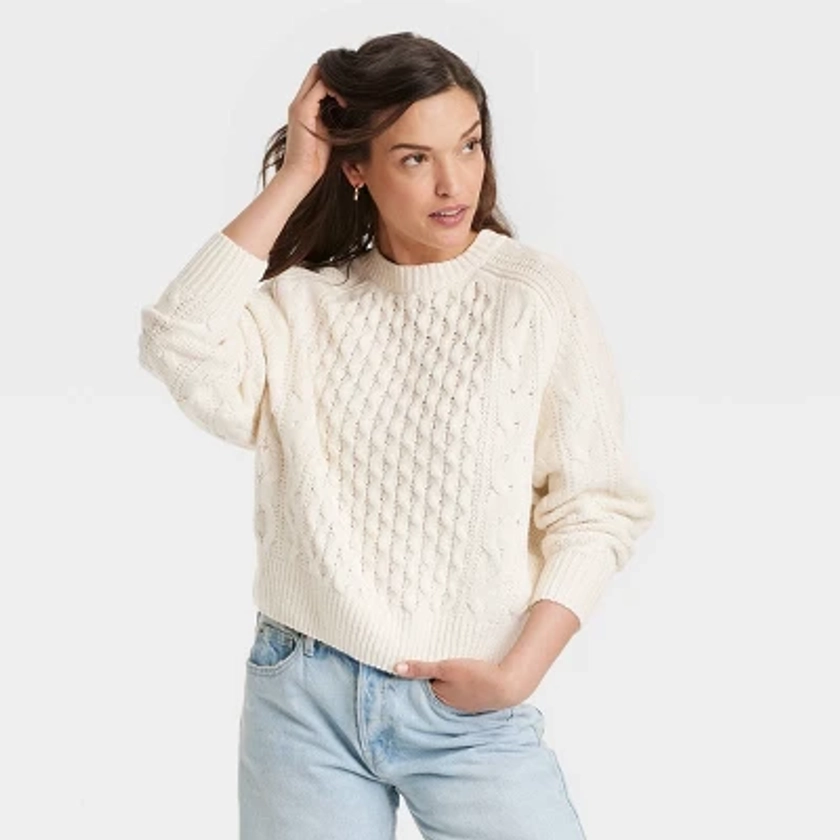 Women's Crewneck Cable Knit Pullover Sweater - Universal Thread™ Cream M